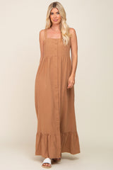 Mocha Front Button Sleeveless Maternity Maxi Dress