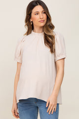 Beige Ruffle Mock Neck Maternity Blouse Top