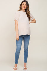 Beige Ruffle Mock Neck Maternity Blouse Top