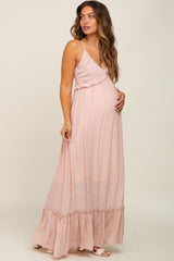 Light Pink Sleeveless Ruffle V-Neck Maternity Maxi Dress