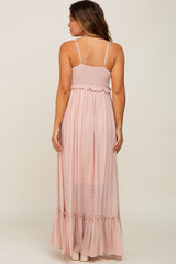 Light Pink Sleeveless Ruffle V-Neck Maternity Maxi Dress