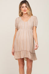 Taupe Stripe Print Puff Sleeve Maternity Dress