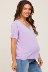 Lavender V-Neck Relaxed Maternity Short Sleeve Top