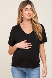 Black V-Neck Relaxed Maternity Short Sleeve Top