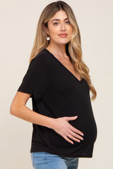 Black V-Neck Relaxed Maternity Short Sleeve Top