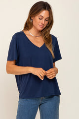 Navy Blue V-Neck Relaxed Maternity Short Sleeve Top