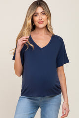 Navy Blue V-Neck Relaxed Maternity Short Sleeve Top