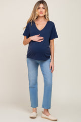 Navy Blue V-Neck Relaxed Maternity Short Sleeve Top