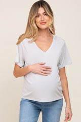 Light Grey V-Neck Relaxed Maternity Short Sleeve Top