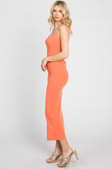 Peach Ribbed Cutout Back Midi Dress