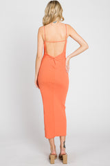 Peach Ribbed Cutout Back Midi Dress