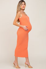 Peach Ribbed Cutout Back Maternity Midi Dress