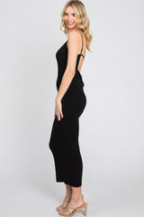 Black Ribbed Cutout Back Midi Dress