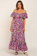 Purple Floral Flounce Midi Dress