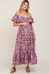 Purple Floral Flounce Maternity Midi Dress