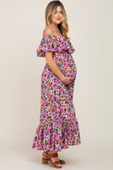 Purple Floral Flounce Maternity Midi Dress