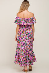 Purple Floral Flounce Maternity Midi Dress