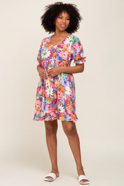 Fuchsia Floral V-Neck Puff Sleeve Dress