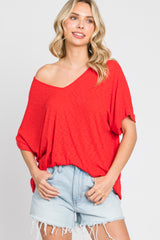 Red Rib Knit V-Neck Top