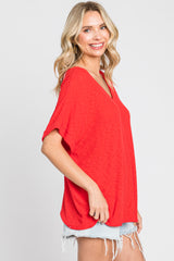 Red Rib Knit V-Neck Top