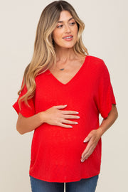 Red Rib Knit V-Neck Maternity Top