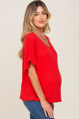 Red Rib Knit V-Neck Maternity Top