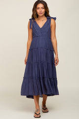 Navy Blue Linen Button Front Shoulder Tie Tiered Maternity Midi Dress