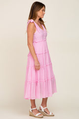 Pink Linen Button Front Shoulder Tie Tiered Midi Dress