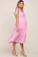 Pink Linen Button Front Shoulder Tie Tiered Maternity Midi Dress