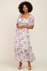 Mauve Floral Chiffon Smocked Front Tie Maxi Dress