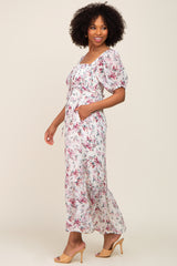 Mauve Floral Chiffon Smocked Front Tie Maxi Dress