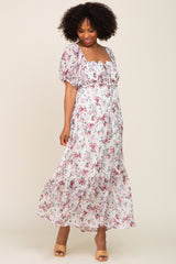 Mauve Floral Chiffon Smocked Front Tie Maxi Dress