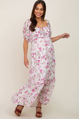 Pink Floral Chiffon Smocked Front Tie Maternity Maxi Dress