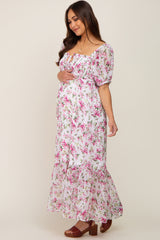 Pink Floral Chiffon Smocked Front Tie Maternity Maxi Dress