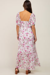 Pink Floral Chiffon Smocked Front Tie Maternity Maxi Dress