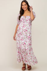 Pink Floral Chiffon Smocked Front Tie Maternity Maxi Dress