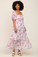 Pink Floral Chiffon Smocked Front Tie Maxi Dress