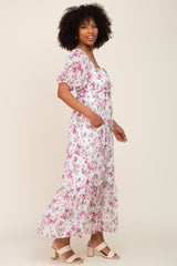 Pink Floral Chiffon Smocked Front Tie Maxi Dress