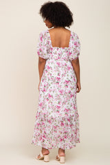 Pink Floral Chiffon Smocked Front Tie Maxi Dress