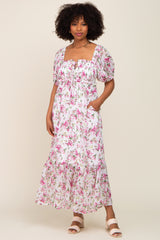 Pink Floral Chiffon Smocked Front Tie Maxi Dress