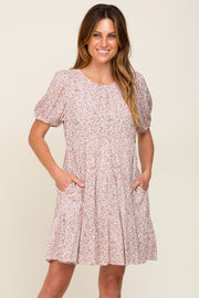 Taupe Floral Back Tie Tiered Short Sleeve Dress