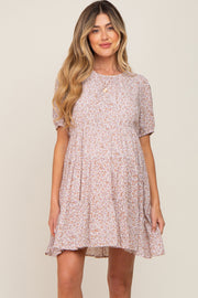 Taupe Floral Back Tie Tiered Short Sleeve Maternity Dress