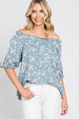 Blue Floral Ruffle Accent Maternity Top