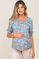 Blue Floral Ruffle Accent Maternity Top