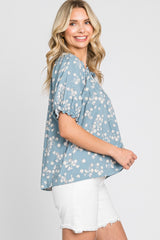 Blue Floral Ruffle Accent Top