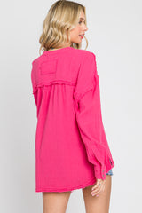 Fuchsia Gauze Double Pocket Front Button V-Neck Long Sleeve Top