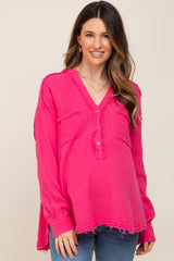 Fuchsia Gauze Double Pocket Front Button V-Neck Long Sleeve Maternity Top