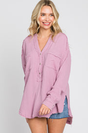 Lavender Gauze Double Pocket Front Button V-Neck Long Sleeve Top