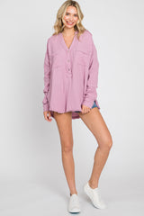 Lavender Gauze Double Pocket Front Button V-Neck Long Sleeve Top