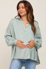 Mint Green Silk Collared V-Neck Long Sleeve Maternity Blouse